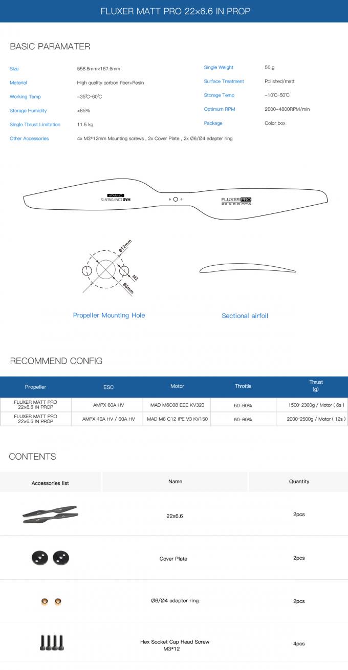 FLUXER PRO MATT 22x6.6 inch propeller showing matte Ανθρακας fiber surface